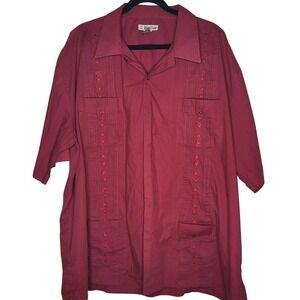 Foxfire Mens Guayabera Cuban Style Embroidered Cotton Blend Shirt Cranberry 2XB